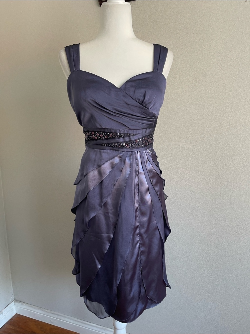 Adrianna Papell Plum Satin Midi Dress with Beaded Waist